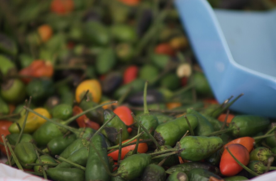 Sacks of peppers sit on the counter of a Guatemalan market in Liberal. These stores are often the closest option for families searching for fresh fruits and vegetables.