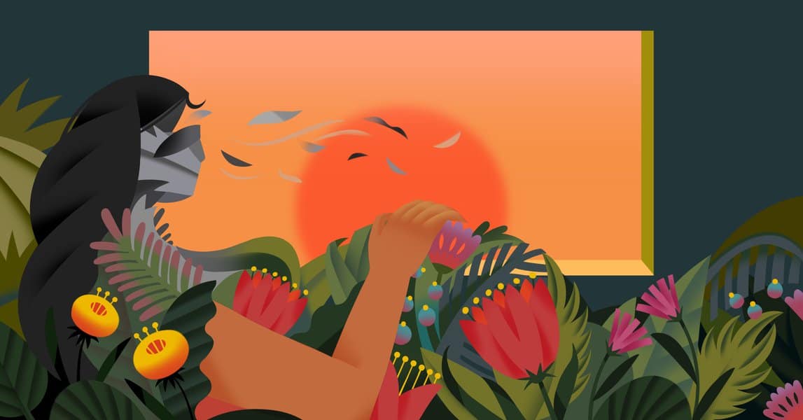 A woman watering tropical plants at sunset, symbolizing growth and hope in Hispanic communities.