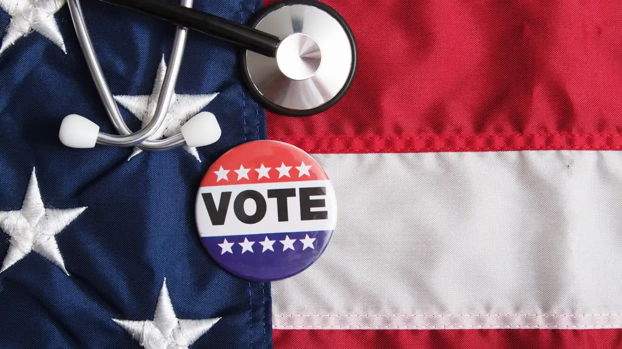 Latino voter participation and health awareness campaign with American flag background.