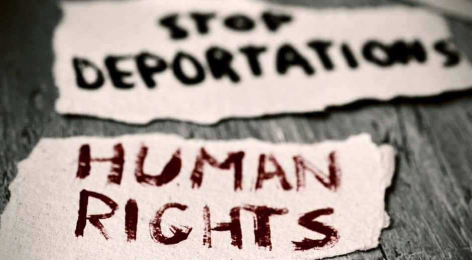 Protest signs advocating for immigrant and human rights amid Chicago's anticipated Trump immigration.