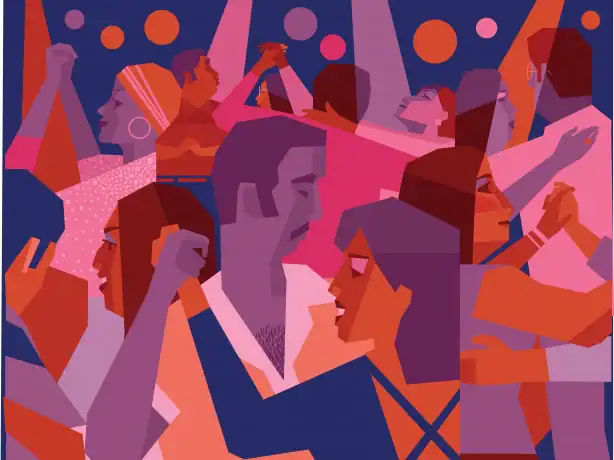 People dancing and celebrating at a salsa event with vibrant colors.