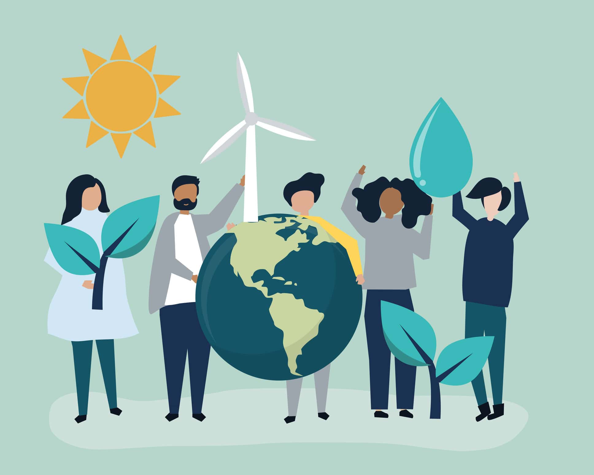 People holding leaves, water drop, and wind turbine around Earth for environmental awareness.