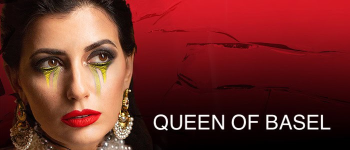 Woman with dramatic makeup and jewelry for a ticket giveaway contest.