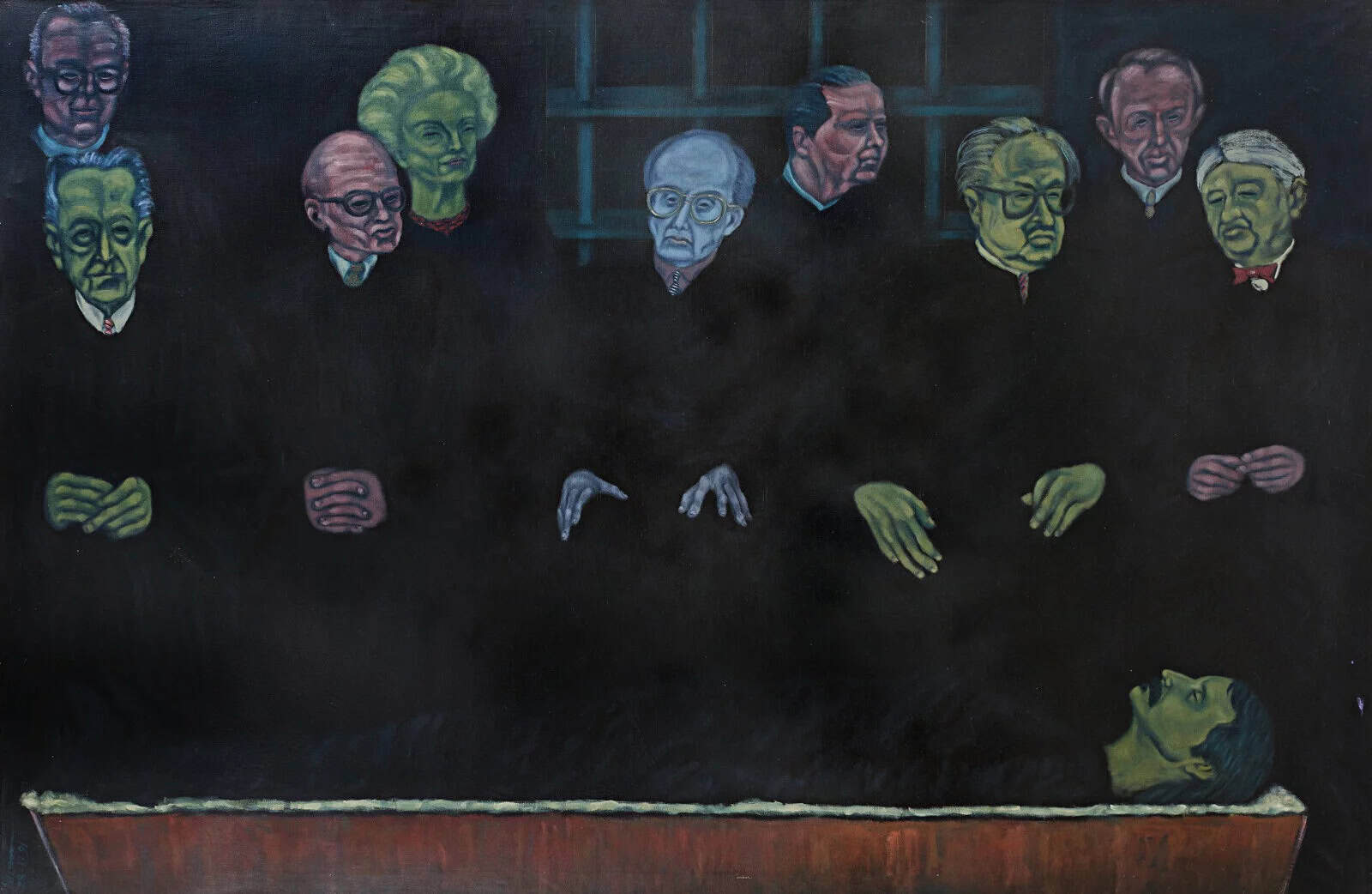 A colorful painting of diverse elderly individuals seated at a table, engaging in a serious discussi.