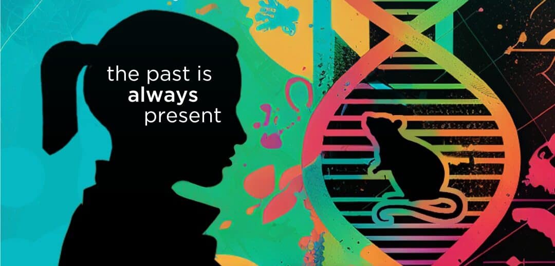 A woman silhouette contemplating her family history with colorful DNA strands and a rat symbolizing.