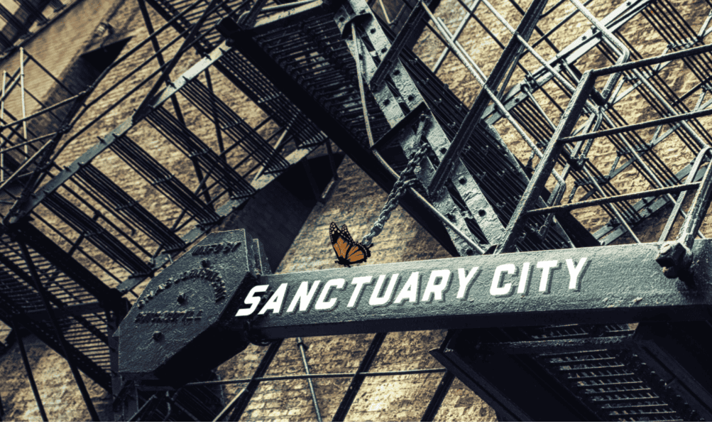 A detailed fire escape on a brick building with a "Sanctuary City" sign.