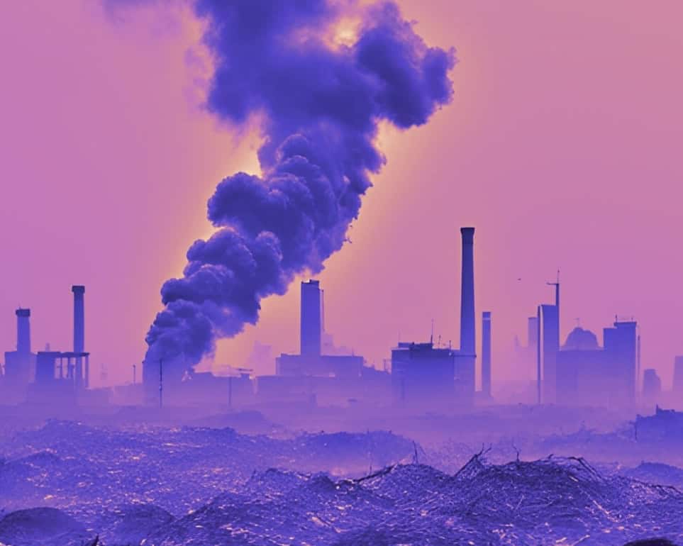 Air pollution from industrial smokestacks contributing to environmental impacts and climate change.