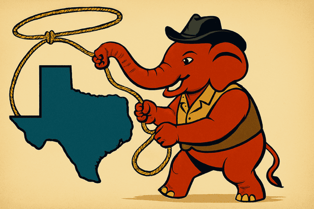 Texas map with an elephant holding a lasso, symbolizing political influence and Hispanic voters in T.