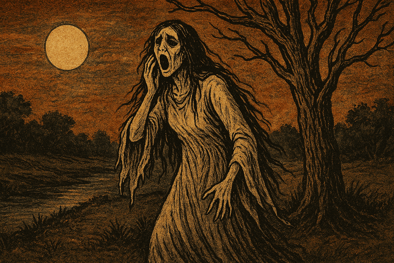 A haunting depiction of La Llorona crying under a full moon in a dark, eerie landscape.