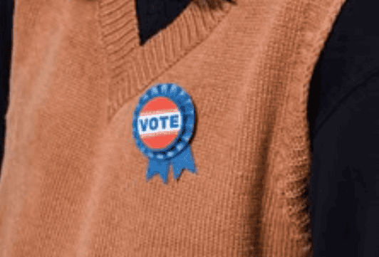 Close-up of a voter badge with 'VOTE' text in blue and red.